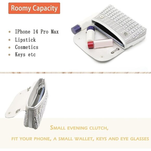 Women Silver Sparkly Rhinestone Cocktail Diamond Bag